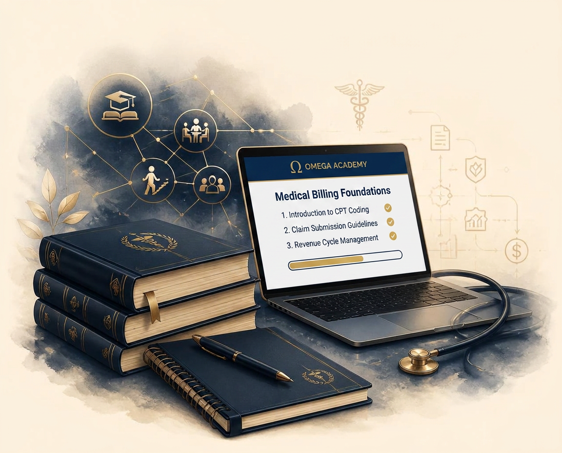 Omega Academy training manuals, notebook and laptop showing the Medical Billing Foundations learning module